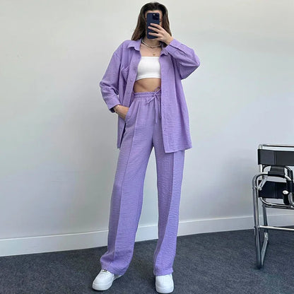 New Autumn Red Women Casual Two-piece Set, Features A Thin Long-sleeved Lapel Shirt Paired with Matching Drawstring Trousers.