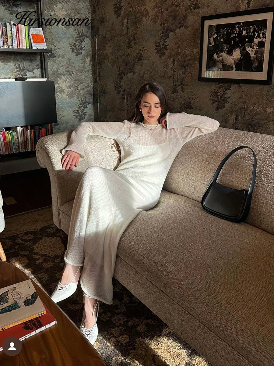 Hirsionsan Frühling Herbst Oansatz Elastische Stricken Lange Kleider Frauen 2024 Elegante Chic Weiche Dame Aushöhlung Pullover Kleider Femme Neue.