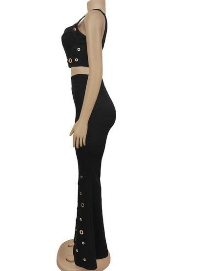 Kricesseen Gorgeous Metal Eyelet Wide Legs Pants Set 2 Piece Outfits Stylish Bustier Top And Holes Trousers Suits Set Clubwear.