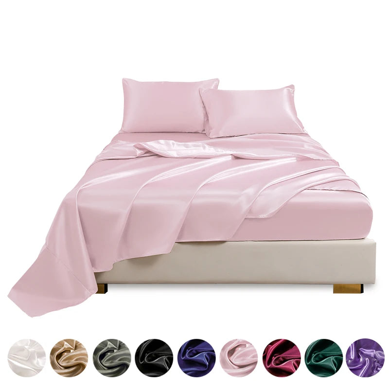 Satin Bed Sheets, Queen Size Sheets Set, 4 Pcs Silky Bedding Set   1 Deep Pocket Fitted Sheet + 1 Flat Sheet + 2 Pillowcases