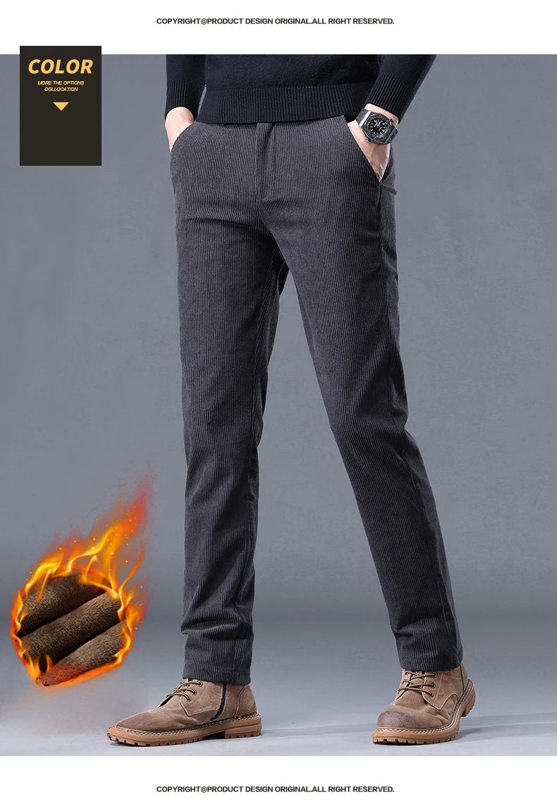 Khaki Black Gray Fleece Men's Corduroy Casual Pants Chenille Thick Stretch Business Trousers Mid-rise Brand Winter Thermal Pants.