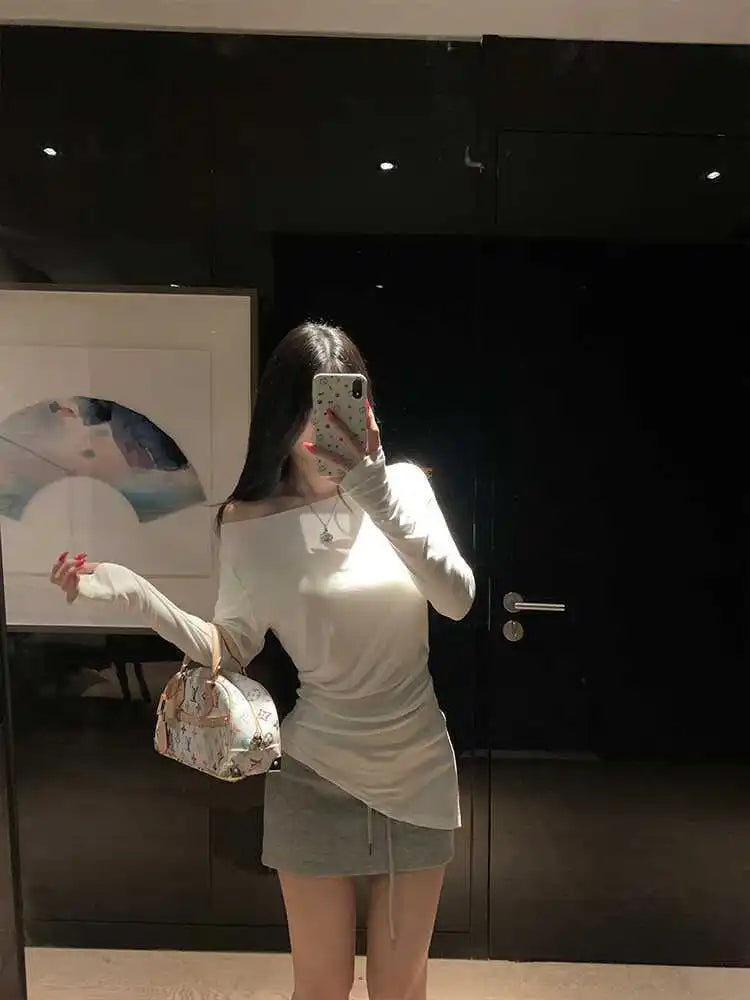 Sexy Long Sleeve T-Shirt Shoulder Bared Waist Cinched Slim Fit Knitted Cotton Solid Color Casual Urban Style for Early Autumn.