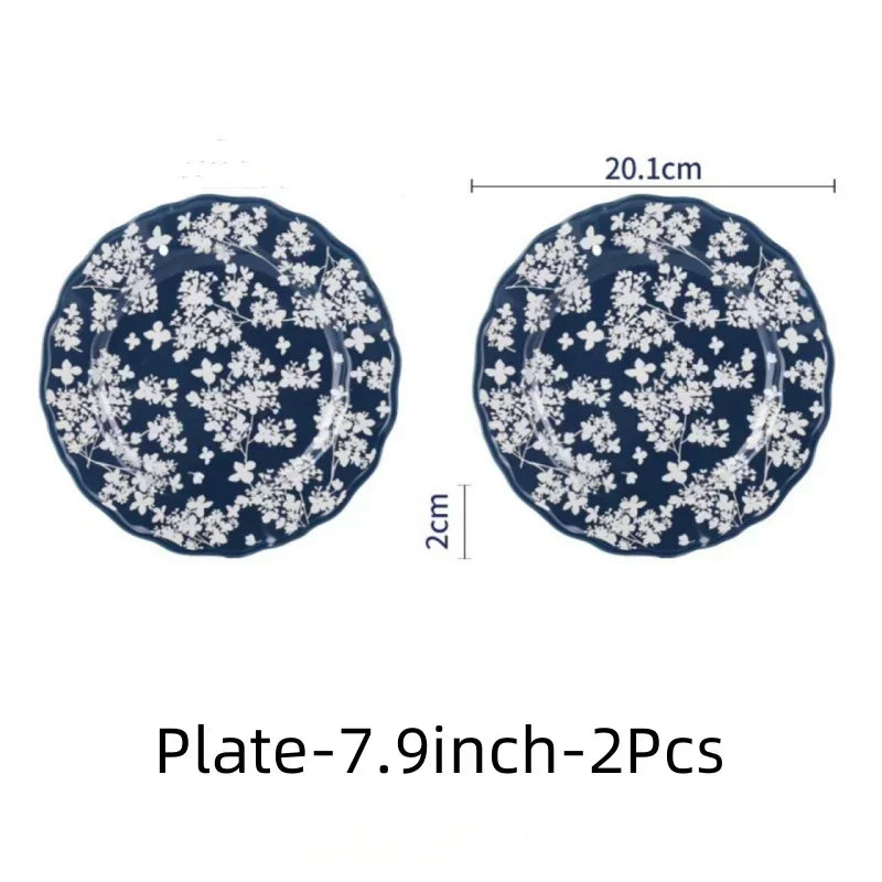 SOLECASA English Retro Ceramic Tableware Blue Flowers Pattern Household Salad Bowls Steak Plate Fruit Dessert Plates Dinnerware
