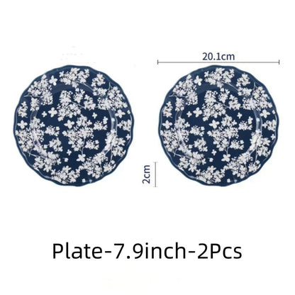 SOLECASA English Retro Ceramic Tableware Blue Flowers Pattern Household Salad Bowls Steak Plate Fruit Dessert Plates Dinnerware