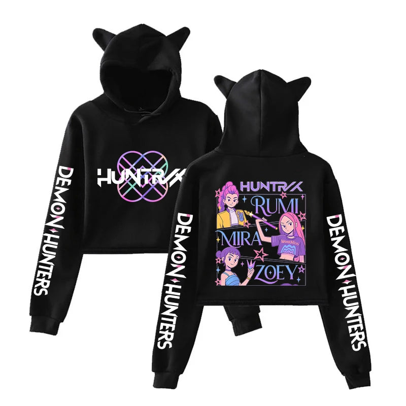 New KPop Demon Hunters Printed Hoodie Women Fashion Autumn Winter Pullover Girl Cute Cat Ear Sweatshirts Crop Tops.