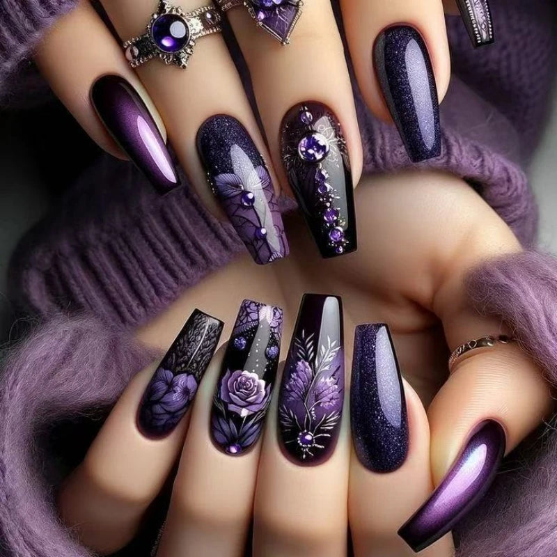 Purple Flower Press on Nails 24Pcs Almond/Coffin Wearable Fake Nails Flower Printed Woman DIY Manicure Acrylic False Nails Tips.