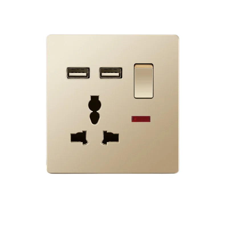 UK Standard 13A Gold USB Stecker Wandsteckdose Lichtschalter, 220V Universal 6-Loch-Doppelsteckdose mit 2,1A USB-Ladeanschluss