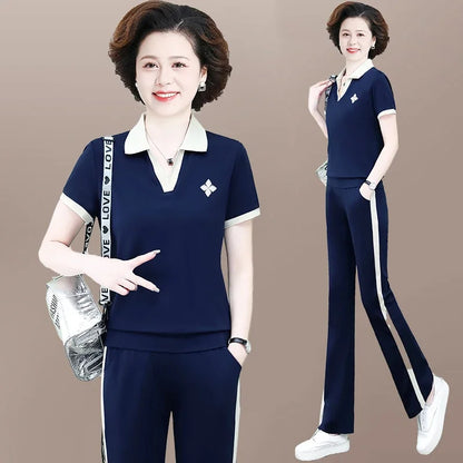 Casual Breathable Short Sleeve Sportswear Set for Middle-Aged Mothers Fashionable Summer Clothing Grandmother Style.