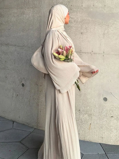 Siskakia Ramadan-Muslim Solid Wrinkle Dresses For Women's Dubai  Moroccan Petal Sleeve Abayas O-Neck Elegant Kebaya 2024.