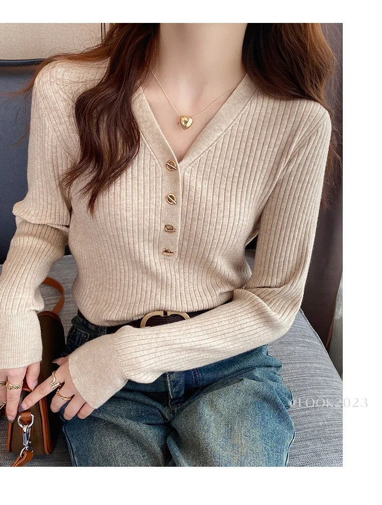2025 Autumn Winter Women Sweaters Casual Slim Button Knitted Pullover Sweater Femme Basic Solid Jersey Tops Fashion Clothes