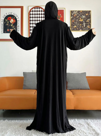 2023 Muslim Solid Cotton Abaya For Women Ramadan Prayer Garment Joint Hat Dubai Turkey Middle East Femme Robe Floral Loose Dress.
