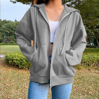 Herbst Fleece Hoodie Einfarbig Mit Kapuze Koreanische Mode Sweatshirts Langarm Top Kordelzug Taschen Lose Zipper Schwarz Hoodies