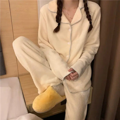 Flannel Women's Pajamas Sets Casual Autumn Winter Sleepwear Velvet Pyjama Ladies Cardigan Simple Bedroom Soft Warm Home Clothes.