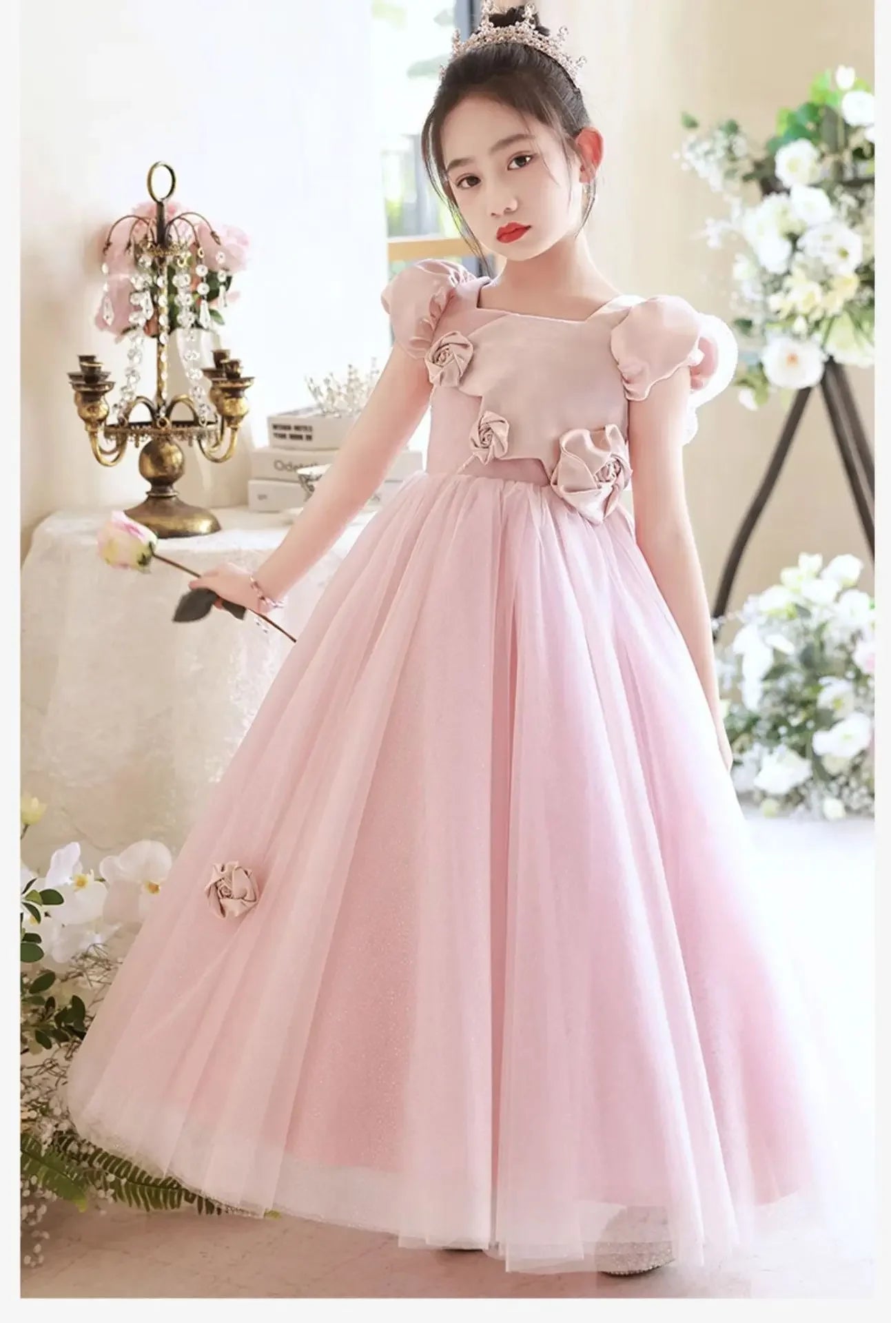 Elegantes Mädchen Flauschiges Spitzenkleid Prinzessin Tüllkleid Geburtstag Hochzeit Kostüme Vestidos Mädchen Performance Party Outfit für Kinder.