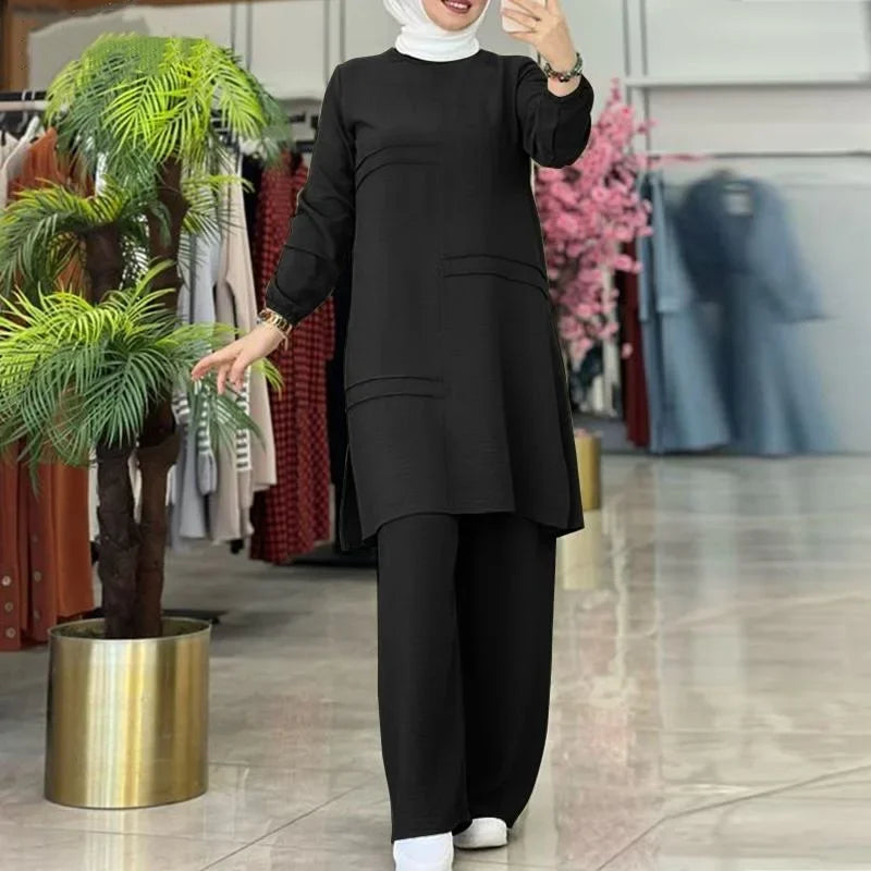 Ramadan Two Piece Sets Shirt Dress &Pants Women Muslim Suits Shirt Blouse Musulman Ensembles Moroccan Kaftan Islamic Dress Sets.