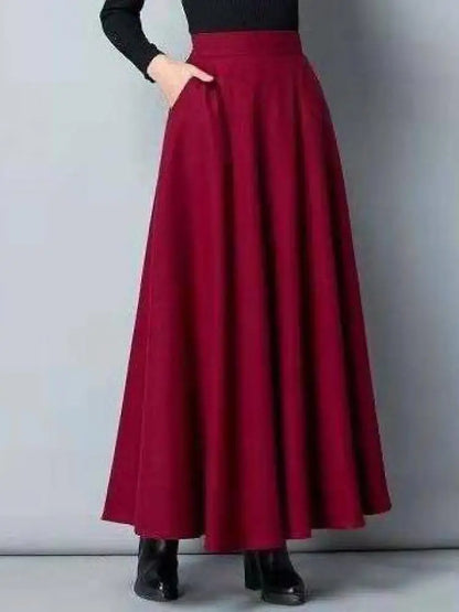 Autumn Winter Black Gray Large Size Woolen Long Skirt Women Fashion Korean Ladies Red High Waist Festival Pleated A-line Skirts.