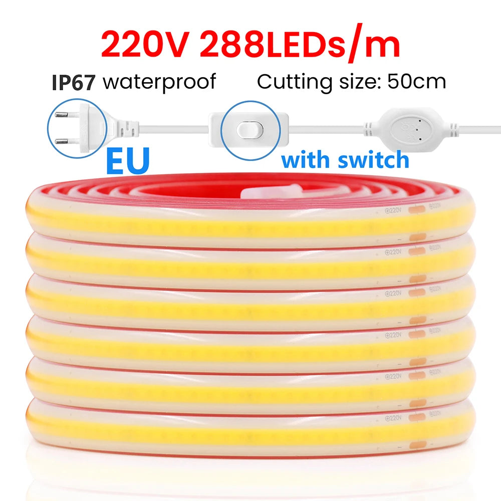COB LED Streifen Licht Dimmer Schalter EU UK Power Kit 220V 230V 3000K 4000K 6000K 288LED Helle Flex Band Wasserdichte Lineare Beleuchtung.