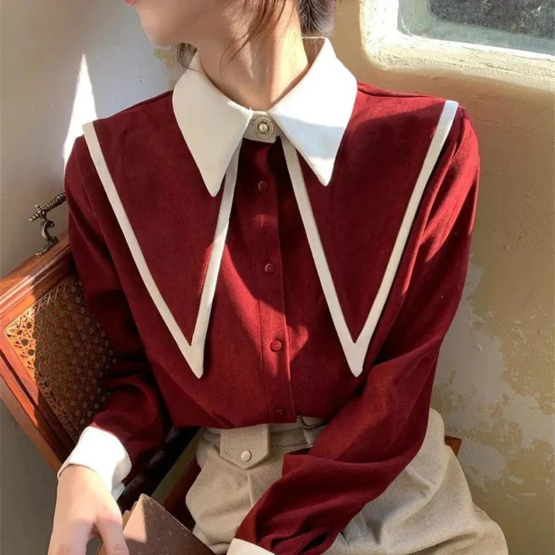 MEXZT Vintage Chiffon Shirts Women Elegant Patchwork Long Sleeve Blouses Office Lady Korean Black Turn Down Collar Casual Tops.