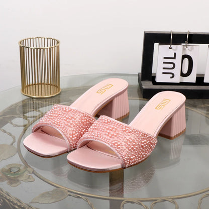 High-heeled slippers 2024 summer fashion new thick with square head luxurious ladies slippers coarse heel 6CM.