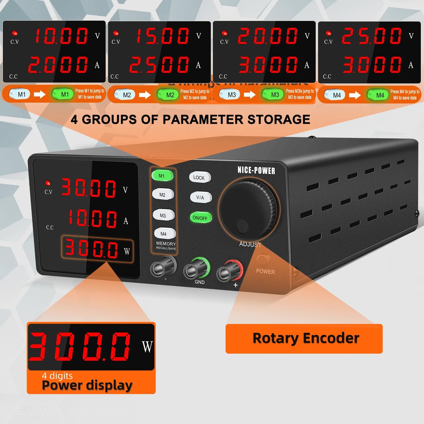 NICE-POWER DC Lab Power Supply 30V 10A 5A Adjustable Power Source For Phone Repairing RS232 USB PC Software Control Data Memory.