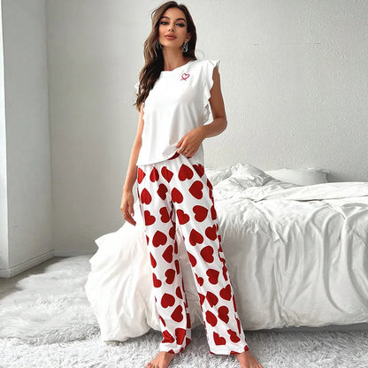 2024 White T-Shirt Women's Pajama Set Sexy Fly Sleeve Vest Pants Sleepwear Heart Print Casual Pyjamas Loungewear Spring 2-piece.