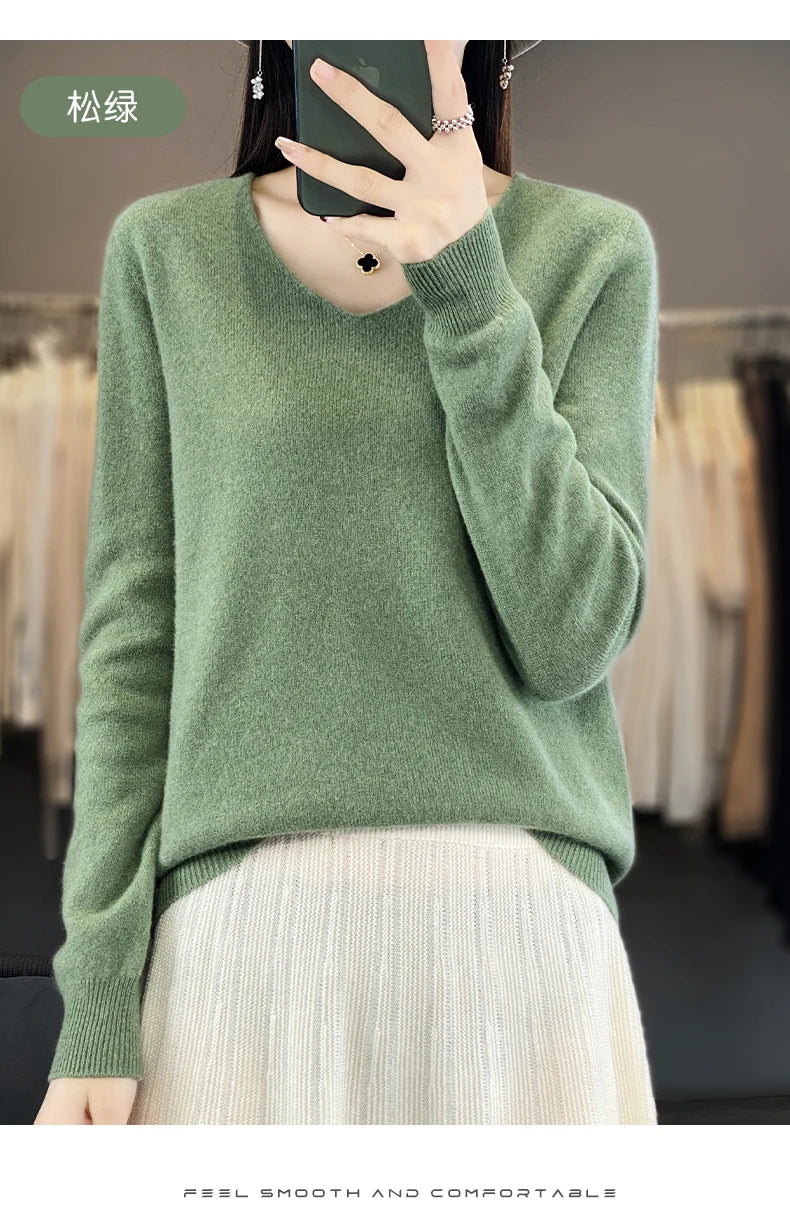 Women 100% Merino Wool Sweater V-Neck Basic Pullover Autumn Winter Cashmere Clothing Long Sleeve Soft Knitwear Tops Solid Color