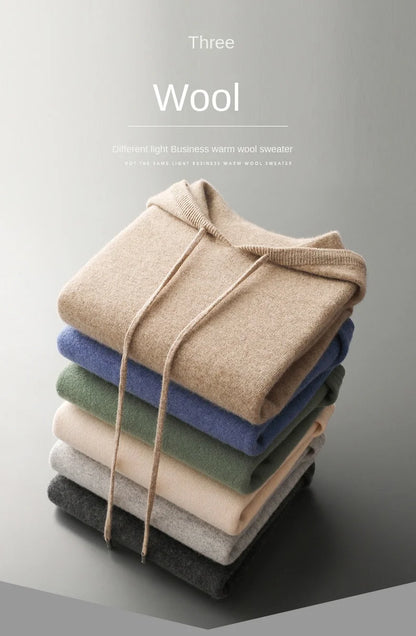 Autumn Winter New Merino Sweater Men's 100% Wool Hooded Collar Knitted Pullover Casual long Sleeved Hoodie.