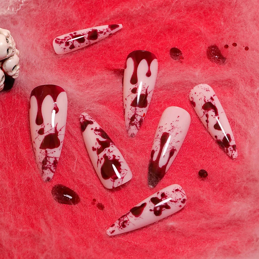 24pcs Blood Splatter Press-On Nails Set Almond-Shaped Long Length Glossy Finish Red and White Faux Nail Kit for Women Halloween.