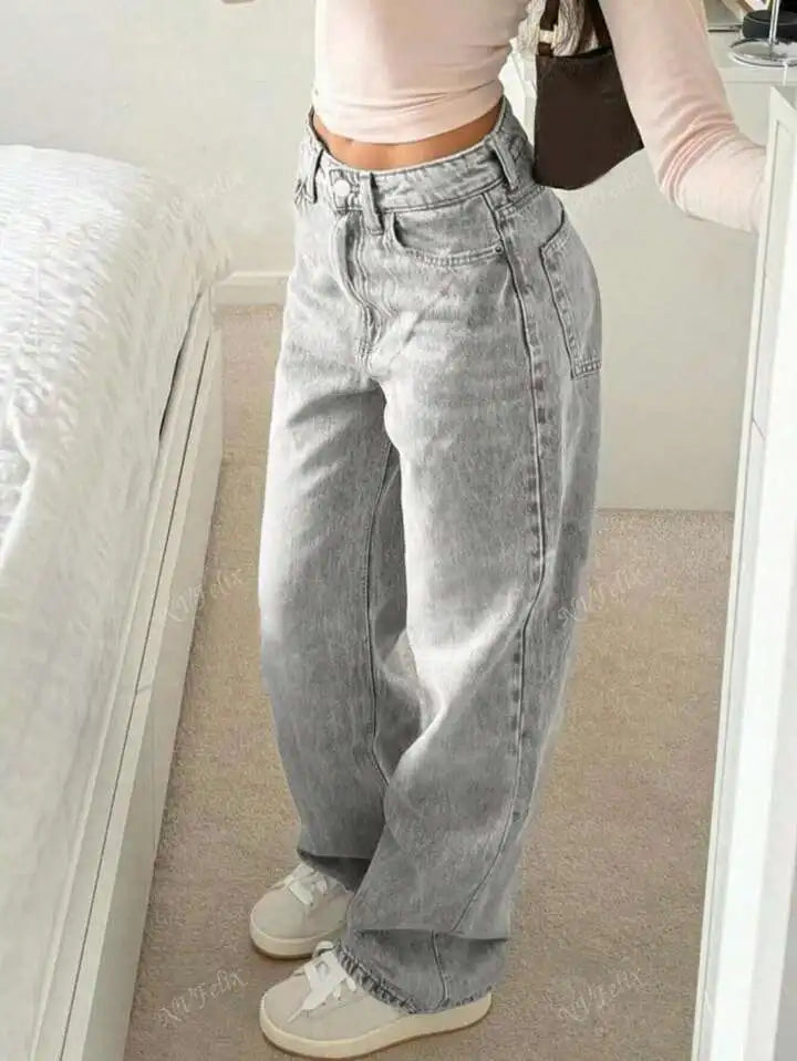 Jeans Women Straight Pants Denims Washed High Waist Distressed Pockets Female 2025 Streetwear Vintage Full Length Trousers.