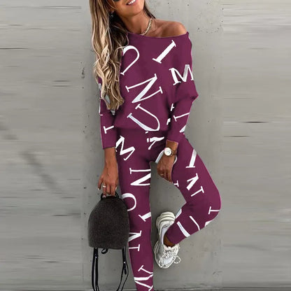 Autumn New Women's Fashion Letter Print Sexy Off Shoulder Long Sleeved Leggings Long Pants Casual Comfortable Two-piece Set.