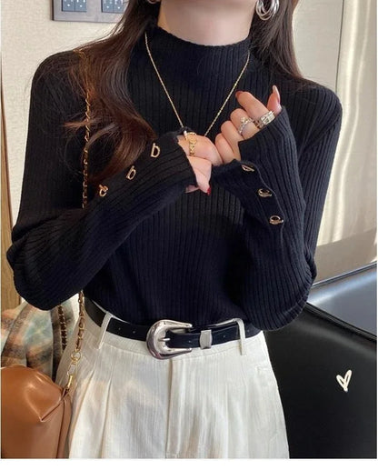 2025, weibliche Casual Tops Pullover Frauen Herbst Winter Gestrickte Dünne Pullover Feste Taste Volle Hülse Halb Hohen Kragen Pullover