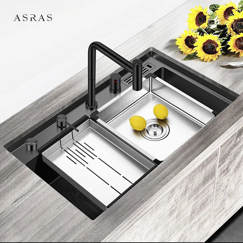 ASRAS Nanometer Handmade Sinks 4mm Thickness 220mm Depth SUS 304 Stainless Steel Luxury Stepped Kitchen Sinks