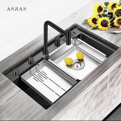 ASRAS Nanometer Handmade Sinks 4mm Thickness 220mm Depth SUS 304 Stainless Steel Luxury Stepped Kitchen Sinks