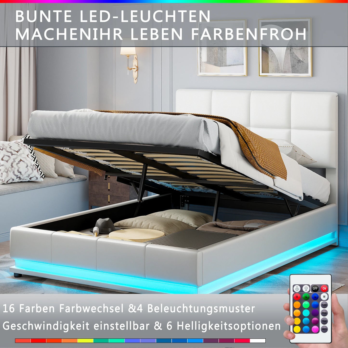 Comanlai Polsterbett 140 x 200 cm mit LED-Leuchten, hydraulisches Bett mit Stauraum, Doppelbett mit Lattenrost, Kunstleder, weiß