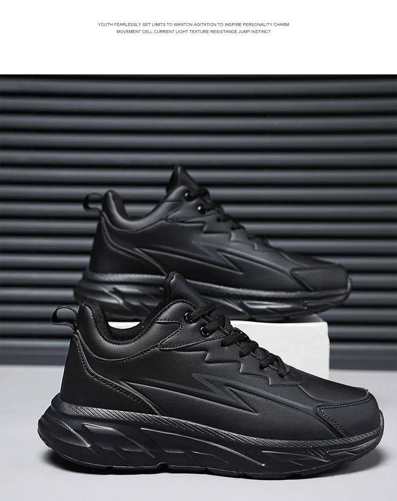 Black Leather Shoes for Men Height Increasing Winter Fashion Sneakers Plus Fur Warm Outdoor Cotton Casual Shoes Men Shoe Size 48
