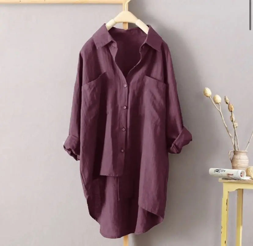 S-5XL Button Up Shirts Women Oversized Summer Autumn Cotton Linen Blouses Fashion White Casual Loose Solid Rollable Sleeve Tops.