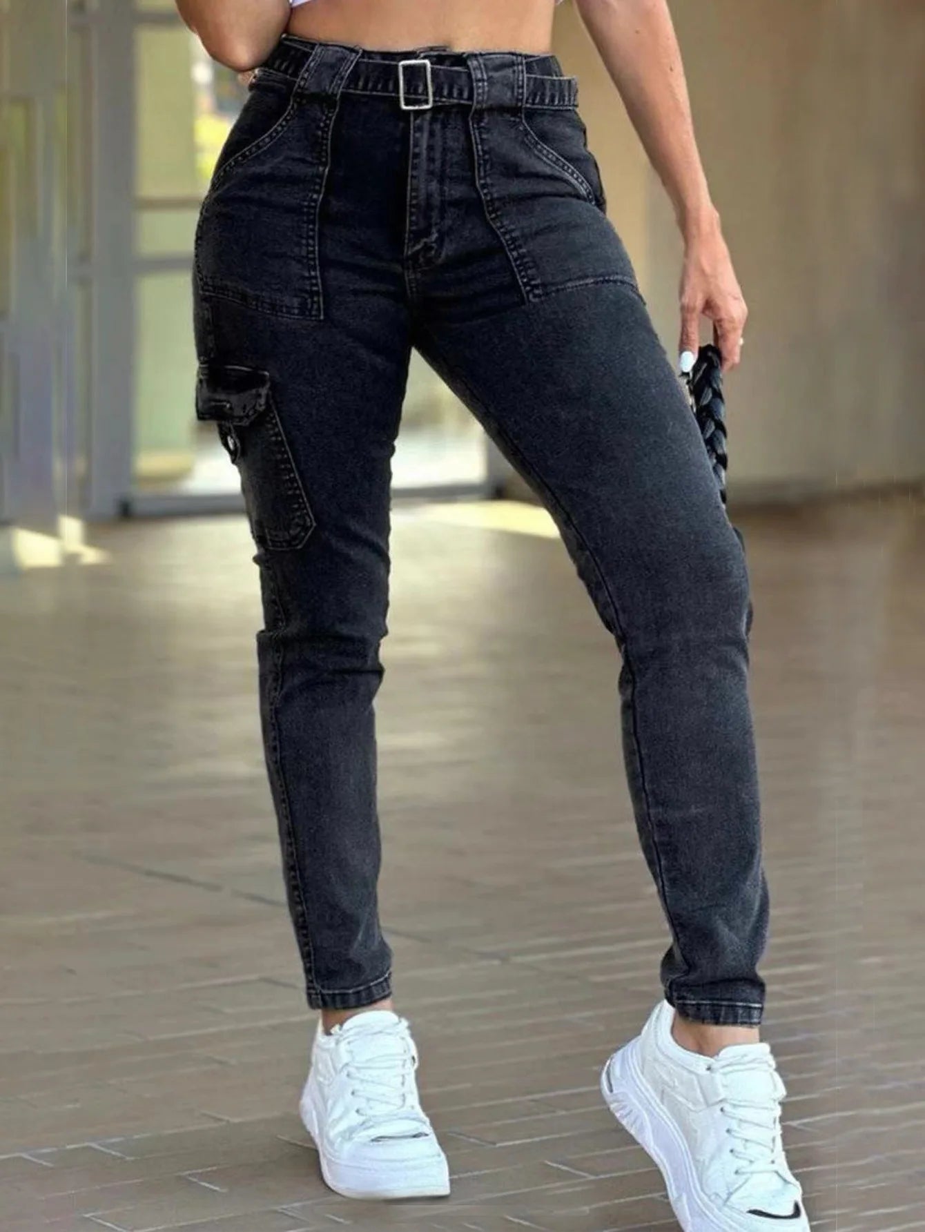 Europe and The United States Foreign Trade New Belt Women's Classic Sexy Tight Small Foot Pants High Spring Washed Cargo Jeans.