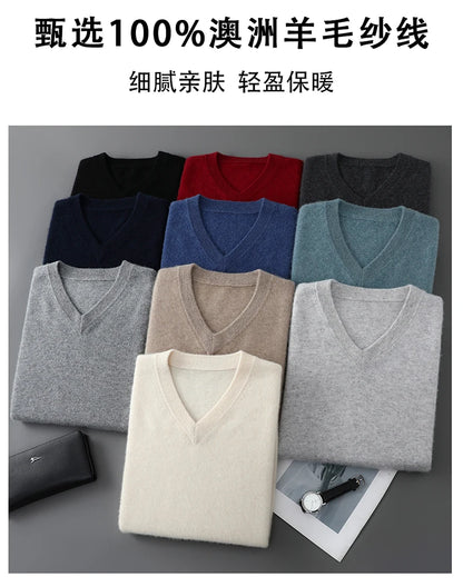 2025 Autumn Winter New Men's Wool Sweater Solid Color V-Neck Pullover Sweater Casual Loose Business Knit Plus Size Base Sweaters.