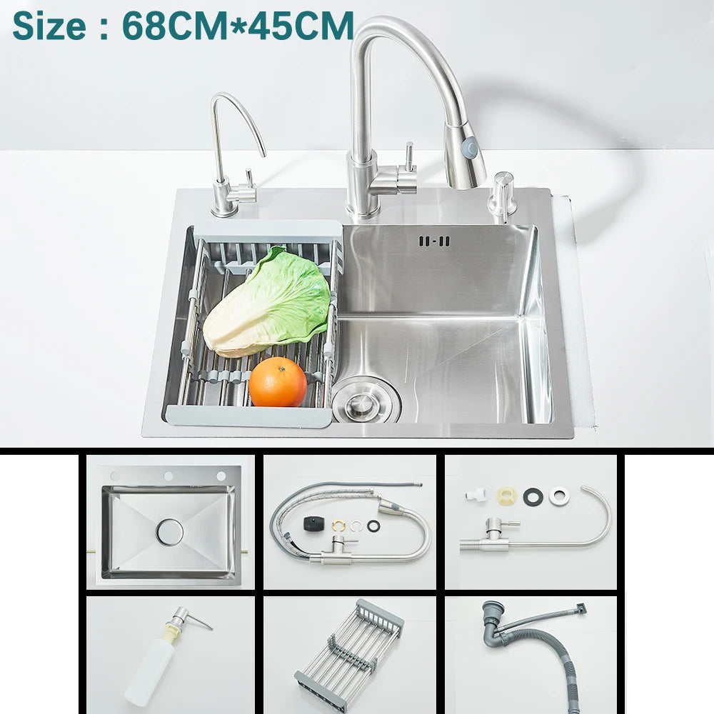304 Stainless Steel Waterfall Kitchen Sink Large Single Slot with Chopping Board Cup Washer