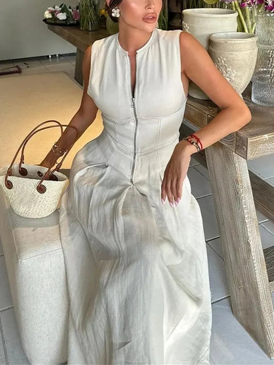 MUJER Zipper Langes Kleid Frau Plissee Ärmelloses, Figurbetontes Kleid Sommer Elegante Party Kleider Für Frauen 2025, Neue Midi Kleider