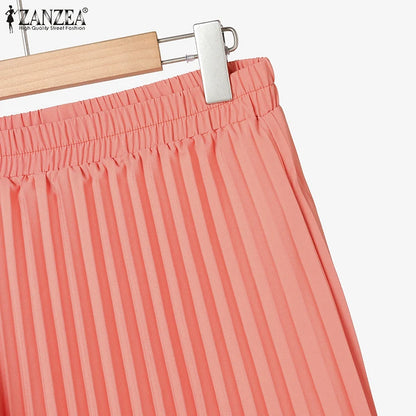 ZANZEA Elegant Women Autumn 2 Piece Sets Muslim Tracksuits Fashion Long Sleeve Tops Pleated Maxi Skirts Suit 2PCS Work Outfits