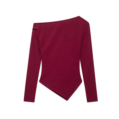 Women's Asymmetric Elastic Top Solid Color Long Sleeve Slant Neck Decoration Spring New Casual Women's Top.