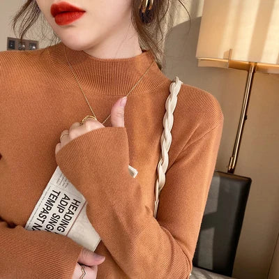 Herbst Winter Frauen Mock neck Pullover Pullover Tops Strickwaren Mode Weibliche Lange Hülse Dünne Elastische Beiläufige Gestrickte Shirts