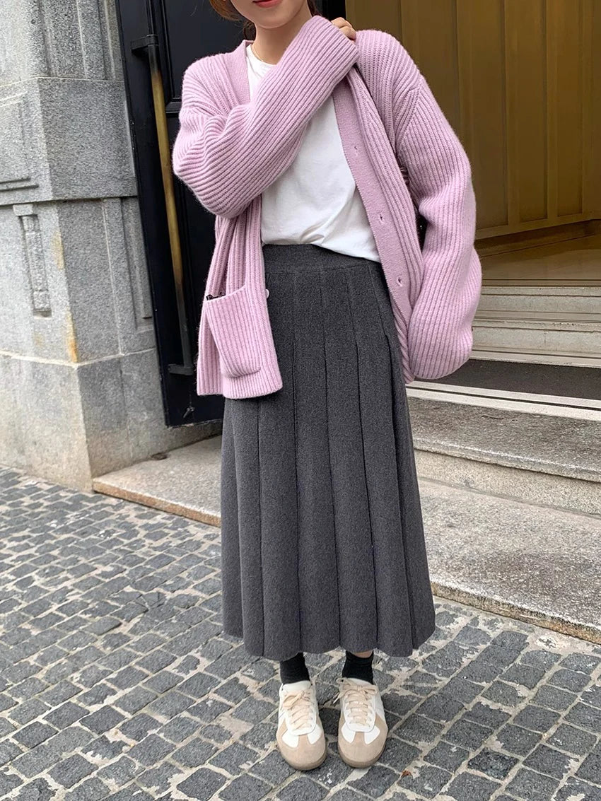 Thick Hepburn Style Woolen Pleated Skirt High Waist Slimming Casual Half Skirt Women Autumn Winter Unique Long Skirt.