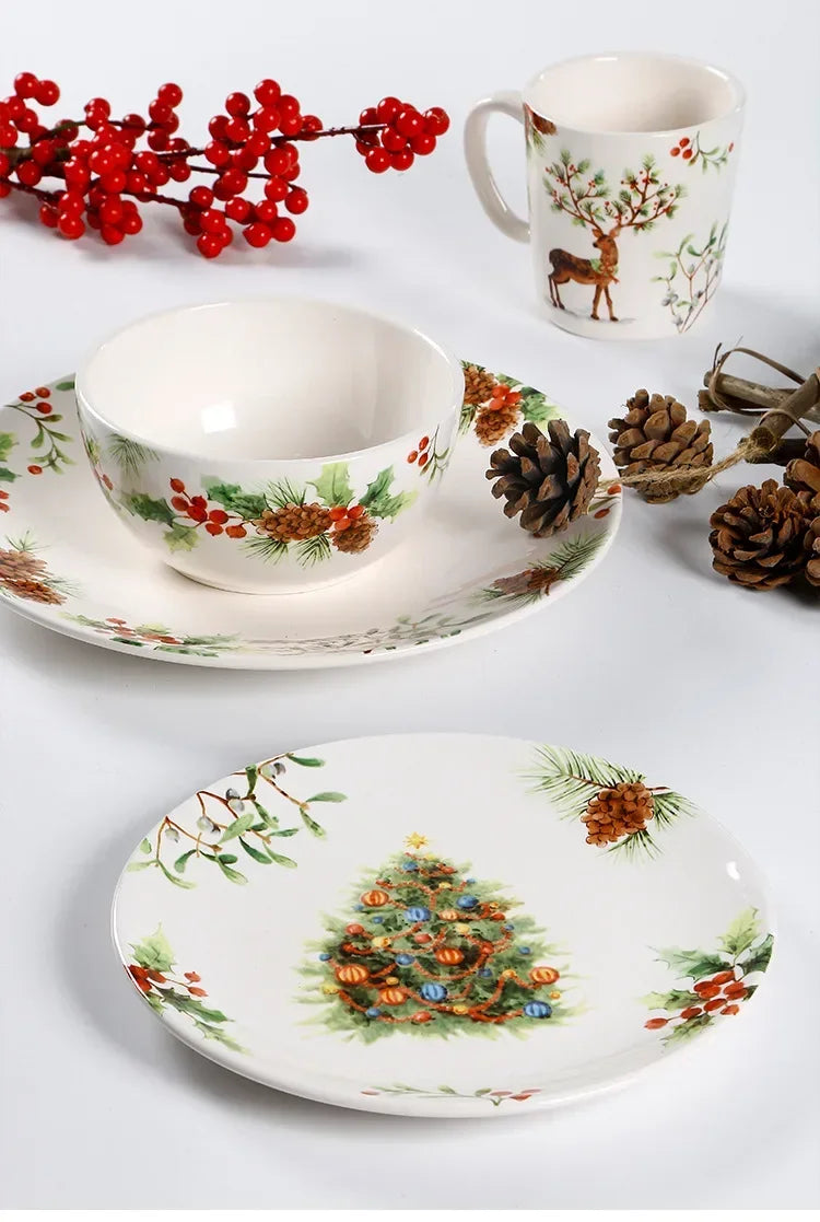 Christmas Tree Ceramic Plate European Style Tableware Coffee Mug Dinner Plates Fruit Snack Western Dishes Kitchen Christmas Gift.