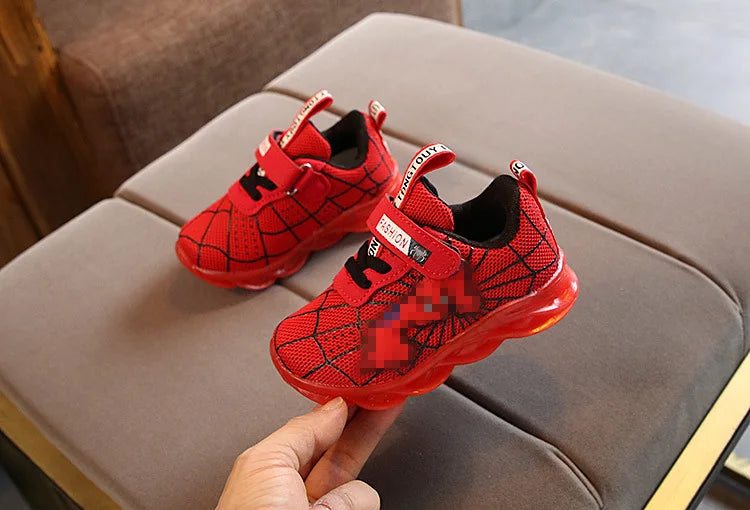 Disney LED Casual Sneakers Red Black For Spring Boys Spider-man Mesh Outdoor Shoes Children Lighted Non-slip Shoes Size 21-30.
