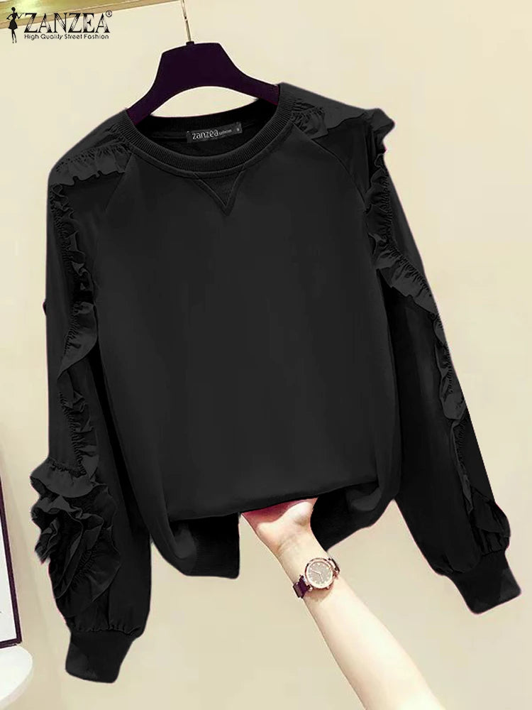 ZANZEA Plus Größe Frauen Solide Sweatshirts Herbst Rüschen Nähte Tops Vintage Oansatz Lässige Mode Lange Puff Sleeve Pullover