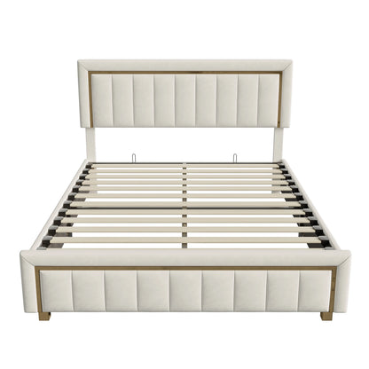 Lazyspace Elegantes Hydraulikbett, samtstoff gepolstertes Doppelbettgestell, mit Stauraum, Bettkasten, Kopfteil mit Lattenrost