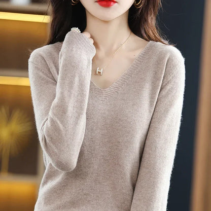 Herbst Winter Frauen Pullover 2025, Koreanische Mode Strickwaren Warme Lange Hülse V-ausschnitt Stricken Pullover Slim Fit Bodenbildung Shirt Jumper