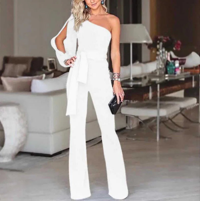 Temperament Solid Color Slim Jumpsuits Women Sexy Off Shoulder Slant Collar High Waist Leace-up Bodycon Jumpsuit Streetwear 2024